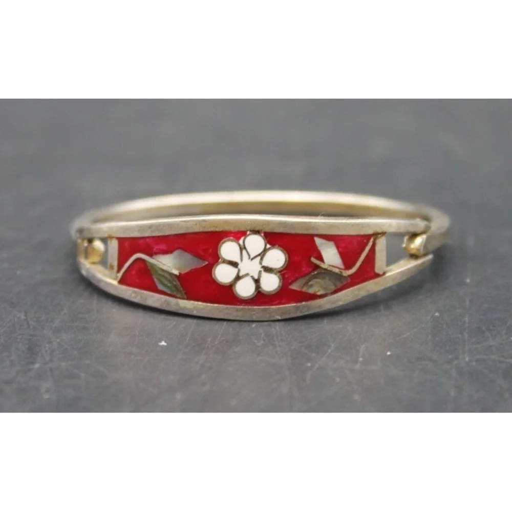 Vintage Mexico Sterling Silver Red Enamel Child Bangle Bracelet Mother of Pearl